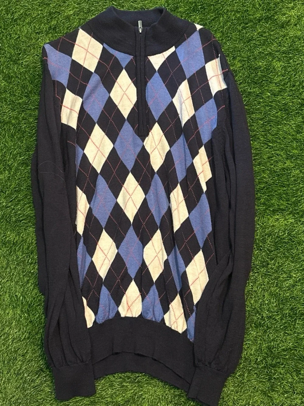 FootJoy Wool Navy Argyle Half-Zip Sweater - Blue & Cream XL